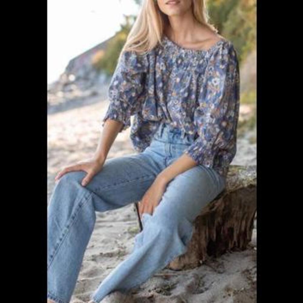 Blue Floral Smocked-Neck Peasant Blouse